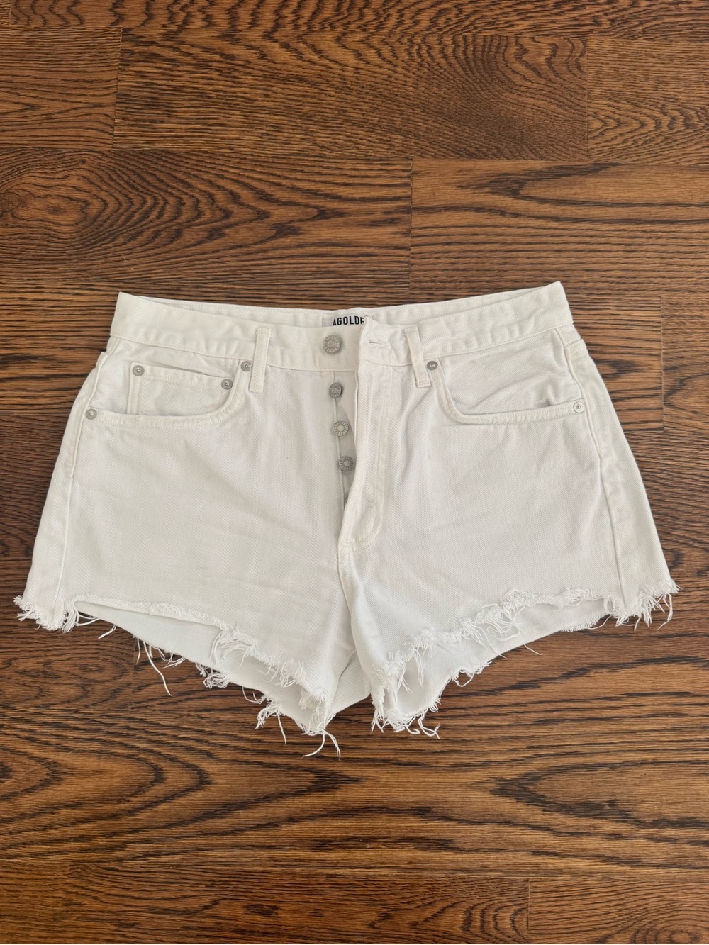 Agolde White Button-Front Distressed Denim Shorts